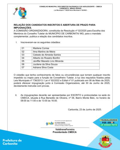📢 CMDCA DIVULGA CANDIDATOS INSCRITOS E ABERTURA DE PRAZO PARA IMPUGNAÇÕES