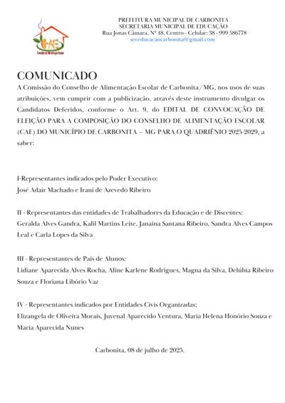 EDITAL DE CONVOCAÇÃO DE ELEIÇÃO PARA A COMPOSIÇÃO DO CONSELHO DE ALIMENTAÇÃO ESCOLAR (CAE) DO MUNICÍPIO DE CARBONITA