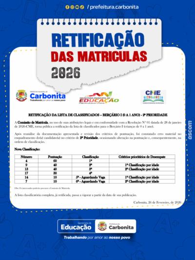RETIFICAÇÃO DA CLASSIFICAÇÃO DAS MATRICULAS 2026
