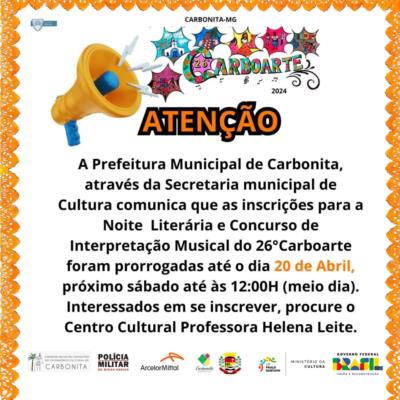 ATENÇÃO: PRORROGADAS, ATÉ 20 DE ABRIL, INSCRIÇÕES PARA A NOITE LITERÁRIA DO 26º CARBOARTE