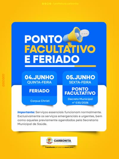 Decreto nº 30/2026 que estabele ponto facultativo no dia 05/06/2026