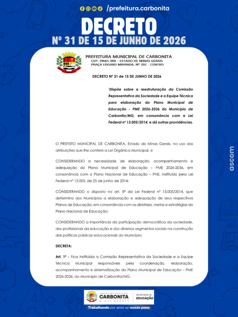DECRETO Nº 31, DE 15 DE JUNHO DE 2026
